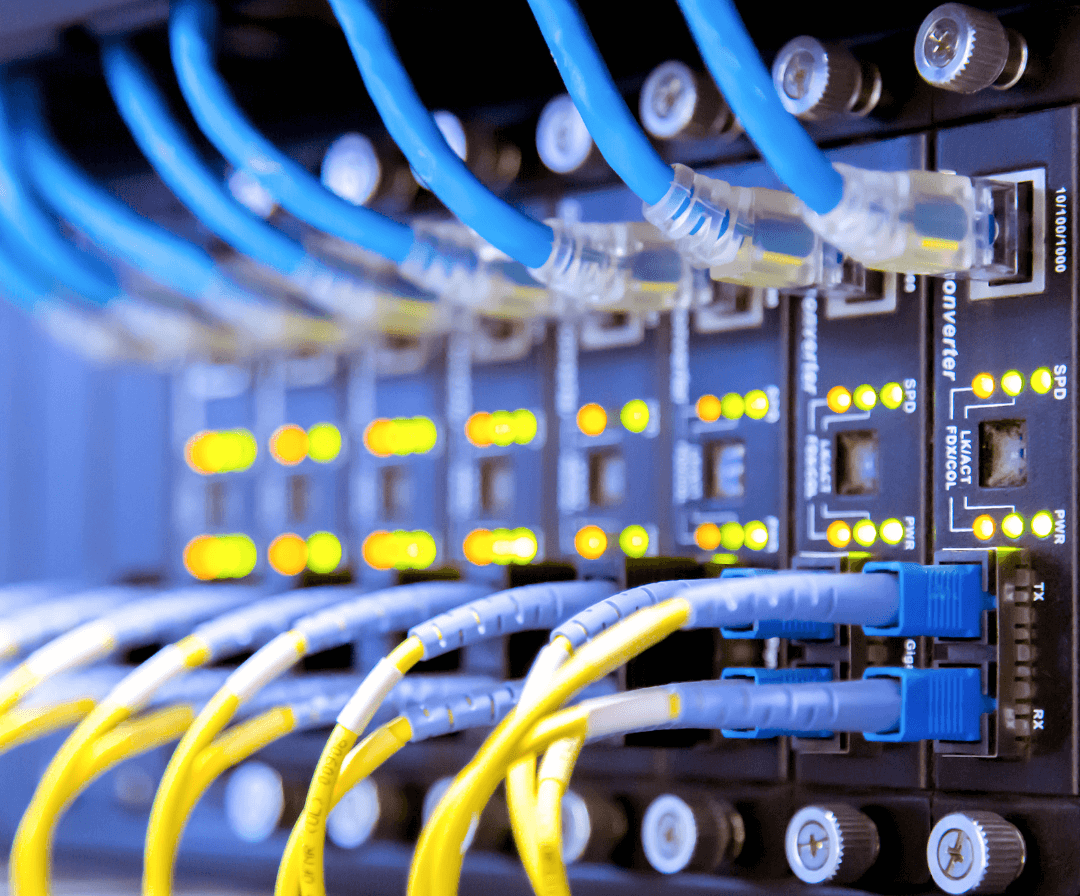 Network server panel with connected Ethernet cables, signifying active data transmission.